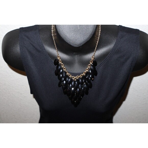 Black Teardrop Plastic Bead Necklace 18"+ Gold Tone Bib Cowl Fashion Jewelry - Picture 3 of 13